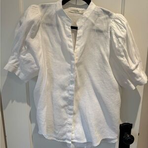 Lanthropy Puff Sleeve White Linen Blouse with hidden mother of pearl buttons.
